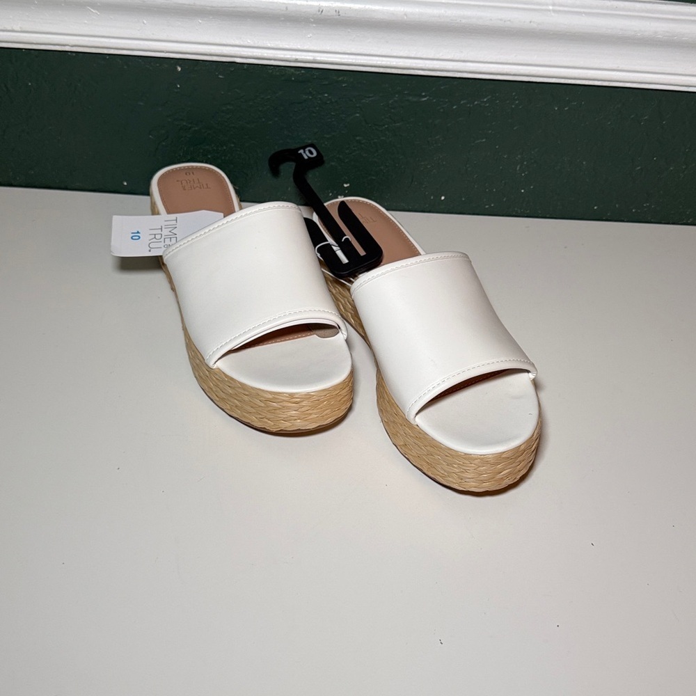 NEW-Time and Tru Women's Raffia Platform Slide Sandals White Size 10